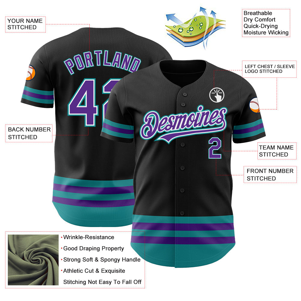 Custom Black Purple-Teal Line Authentic Baseball Jersey view 3
