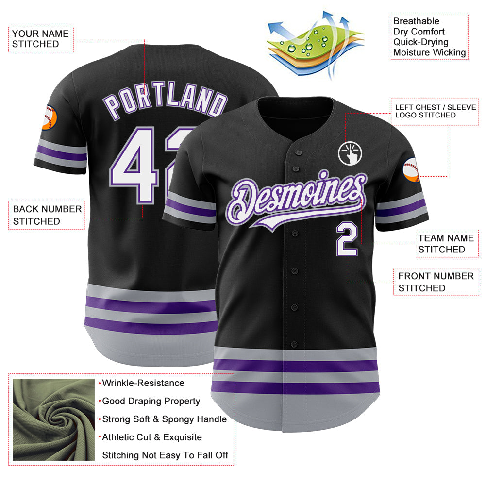 Custom Black Purple-Gray Line Authentic Baseball Jersey view 3