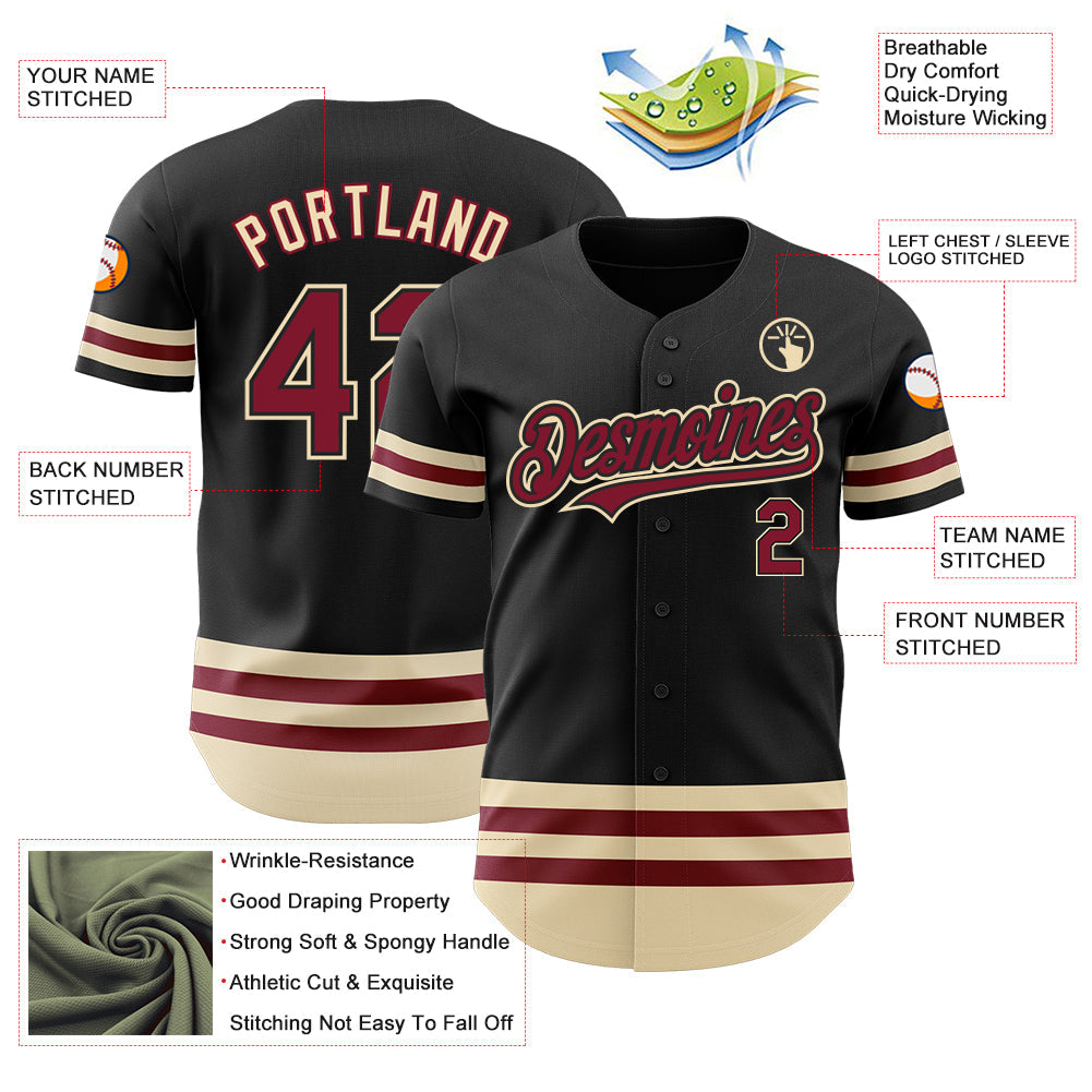 Custom Black Crimson-Cream Line Authentic Baseball Jersey view 3