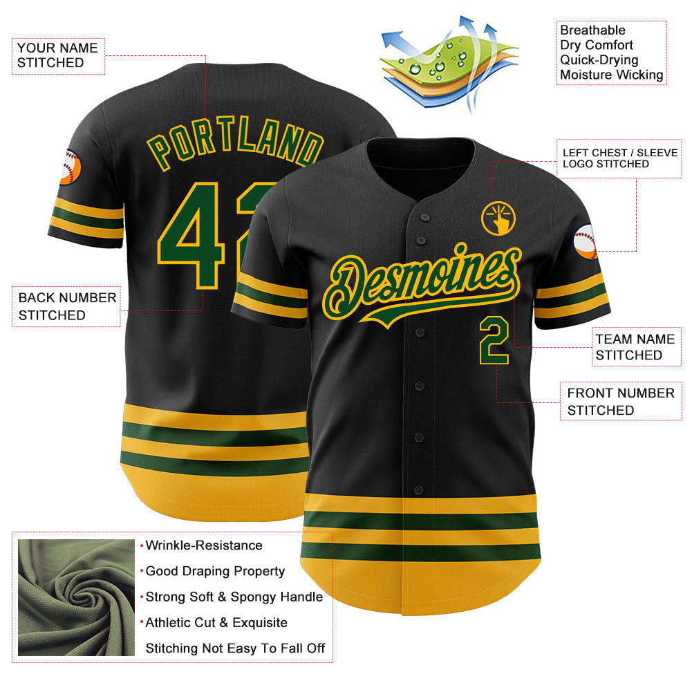 Custom Black Green-Gold Line Authentic Baseball Jersey view 3