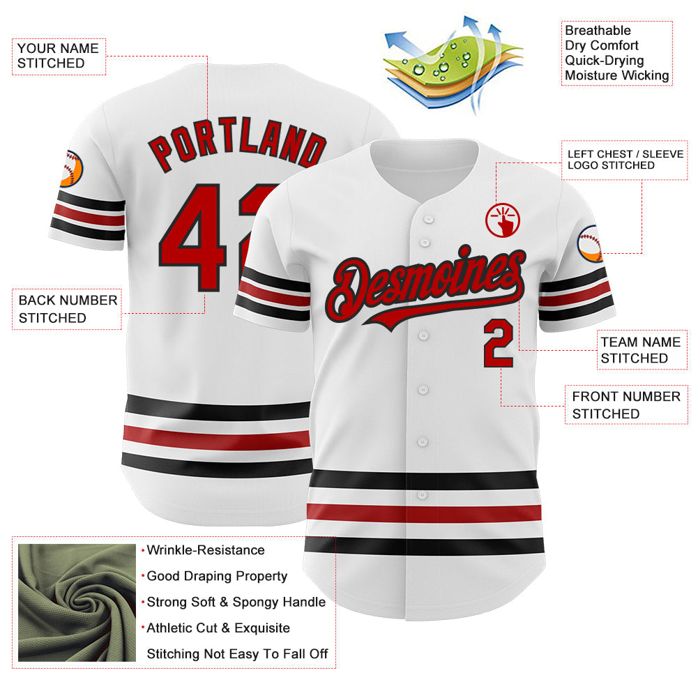Custom White Red-Black Line Authentic Baseball Jersey view 3