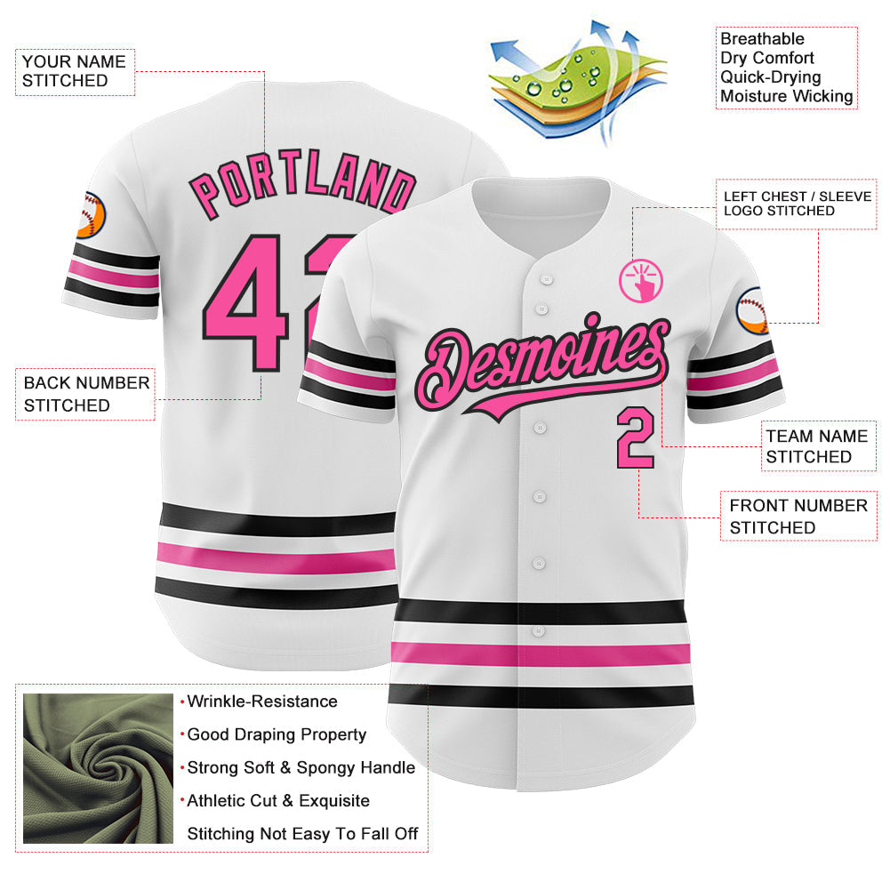 Custom White Pink-Black Line Authentic Baseball Jersey view 3