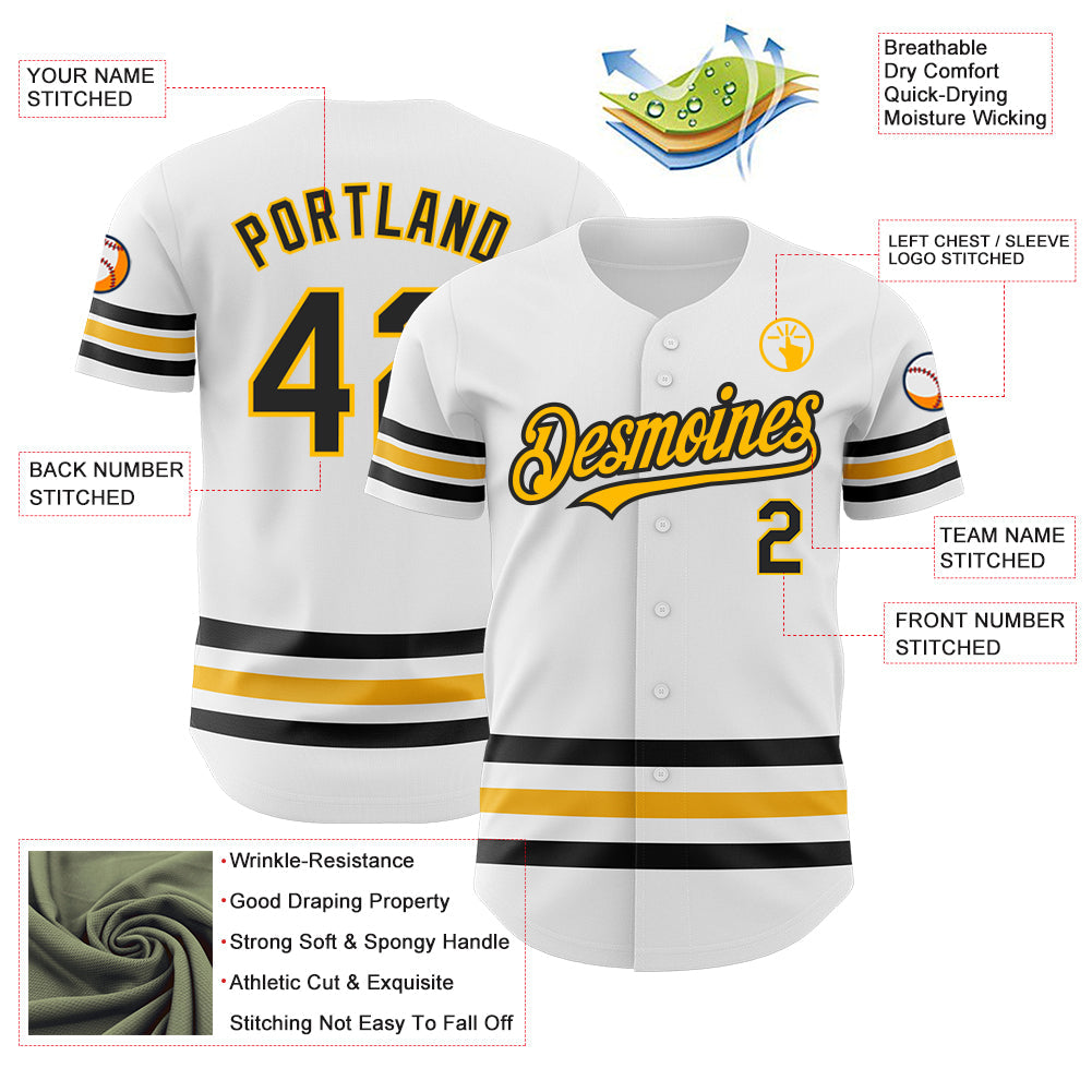 Custom White Black-Gold Line Authentic Baseball Jersey view 3