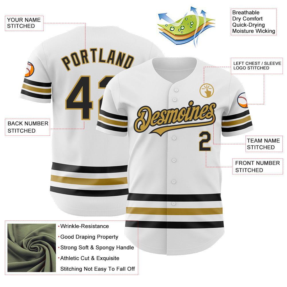 Custom White Black-Old Gold Line Authentic Baseball Jersey view 3