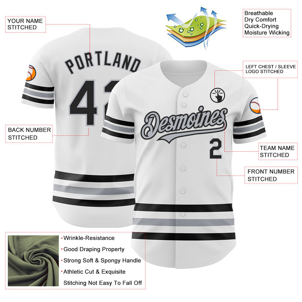 Custom White Black-Gray Line Authentic Baseball Jersey view 3