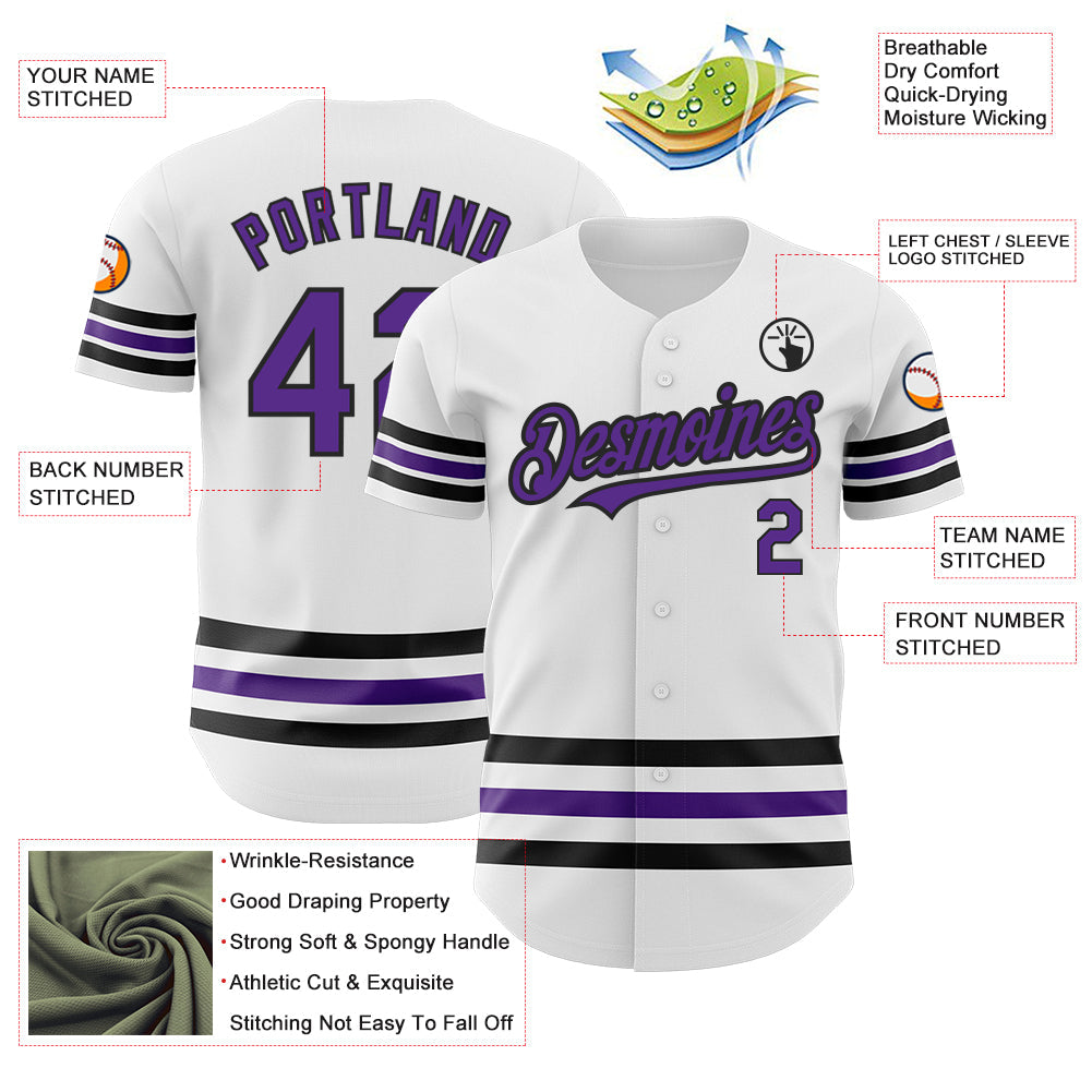 Custom White Purple-Black Line Authentic Baseball Jersey view 3