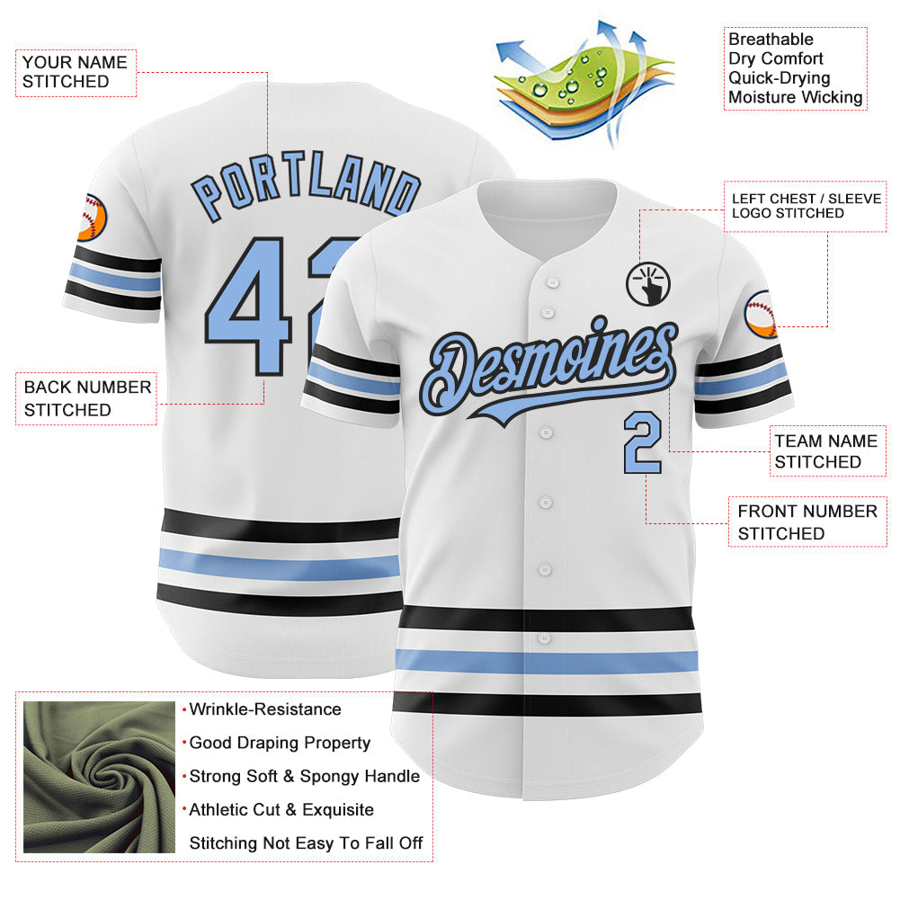 Custom White Light Blue-Black Line Authentic Baseball Jersey view 3
