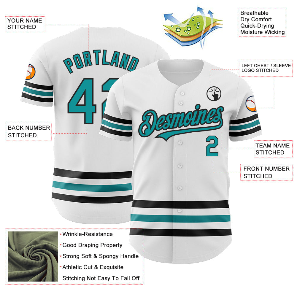 Custom White Teal-Black Line Authentic Baseball Jersey view 3