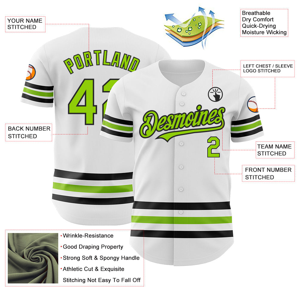 Custom White Neon Green-Black Line Authentic Baseball Jersey view 3