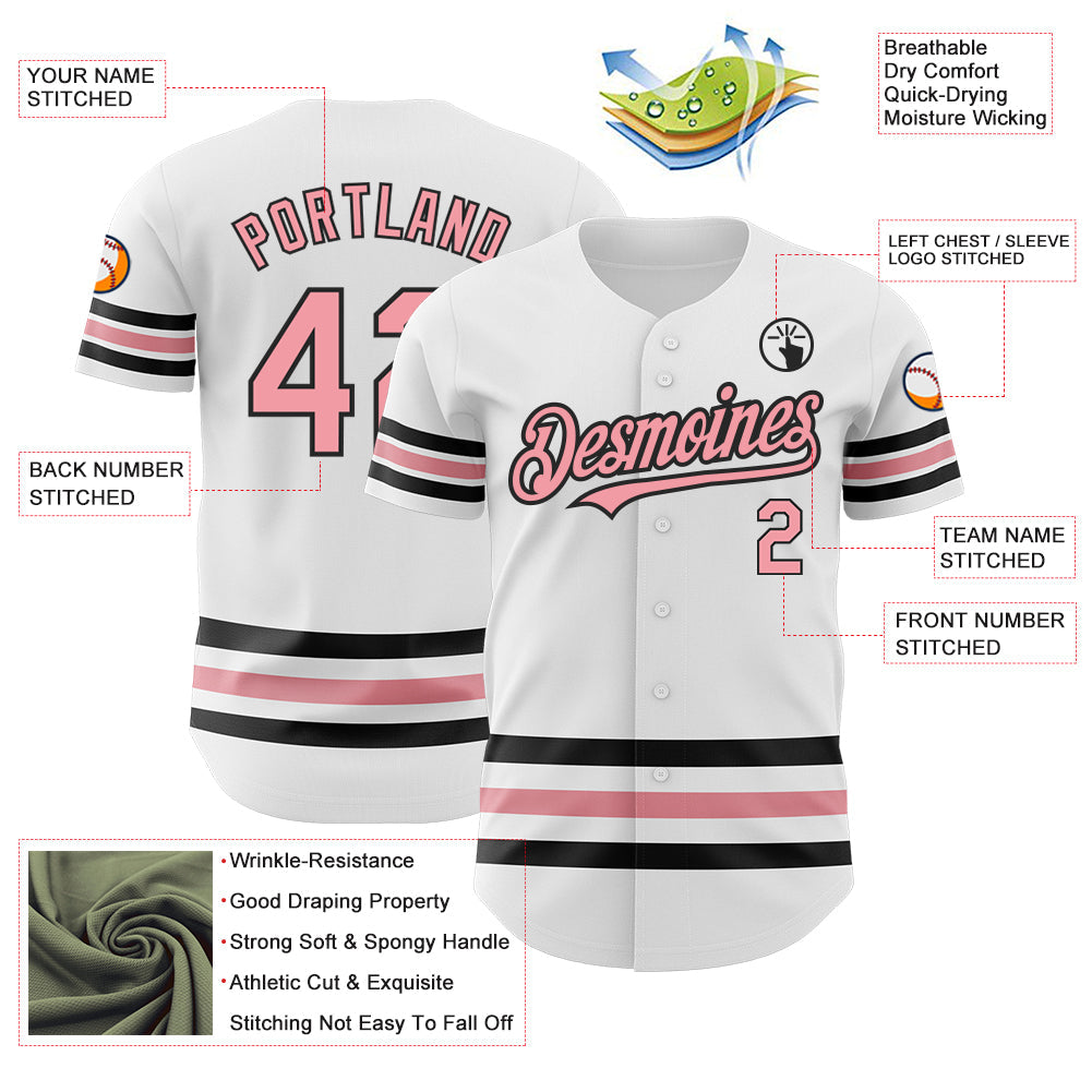 Custom White Medium Pink-Black Line Authentic Baseball Jersey view 3