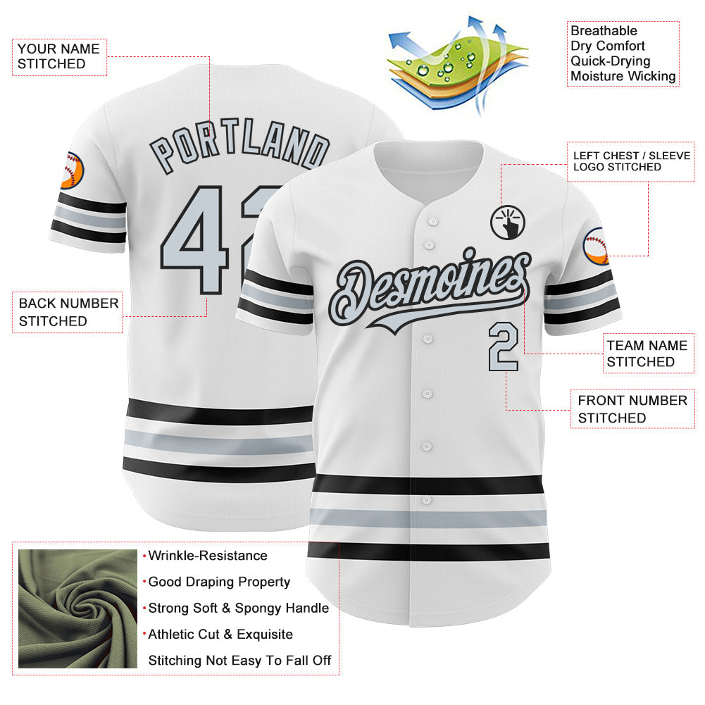 Custom White Silver-Black Line Authentic Baseball Jersey view 3