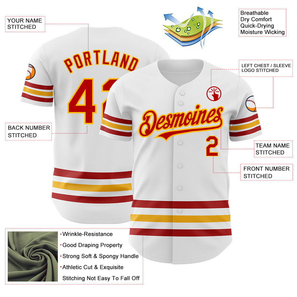 Custom White Red-Gold Line Authentic Baseball Jersey view 3