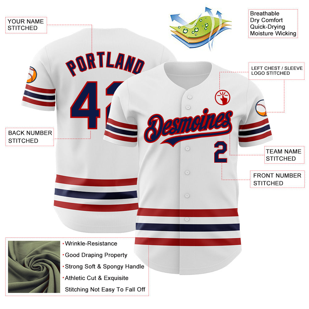 Custom White Navy-Red Line Authentic Baseball Jersey view 3