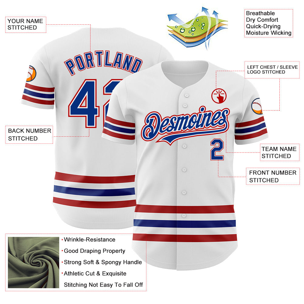 Custom White Royal-Red Line Authentic Baseball Jersey view 3