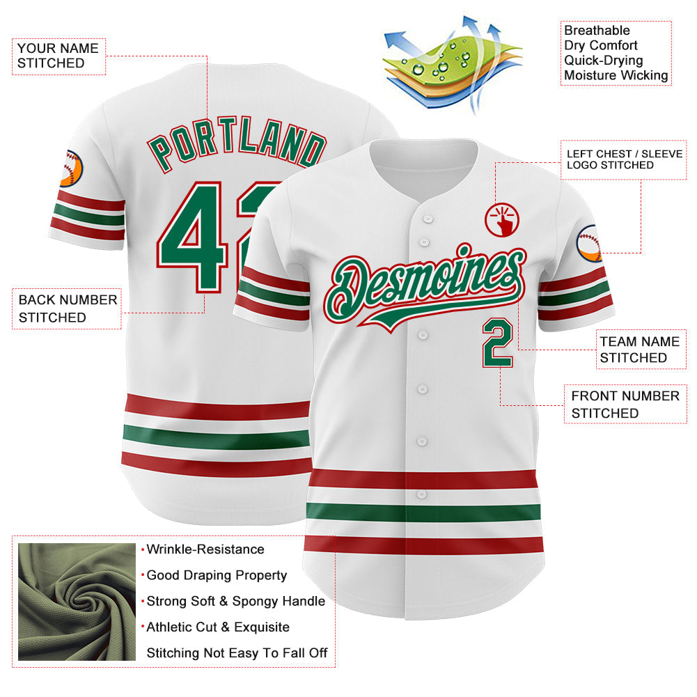Custom White Kelly Green-Red Line Authentic Baseball Jersey view 3