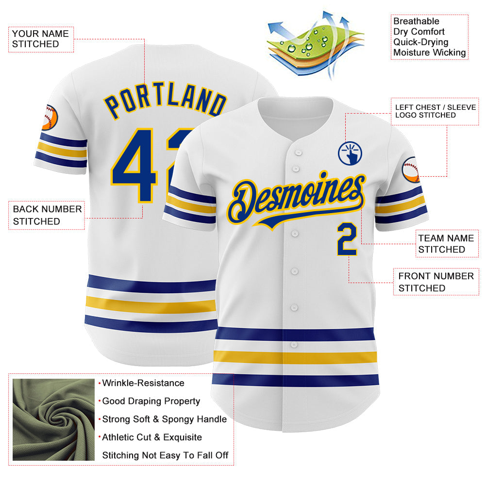 Custom White Royal-Yellow Line Authentic Baseball Jersey view 3