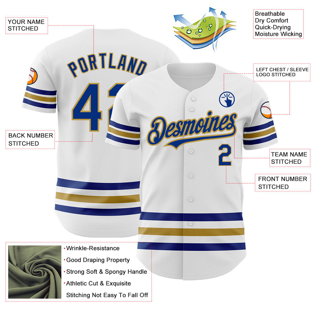 Custom White Royal-Old Gold Line Authentic Baseball Jersey view 3