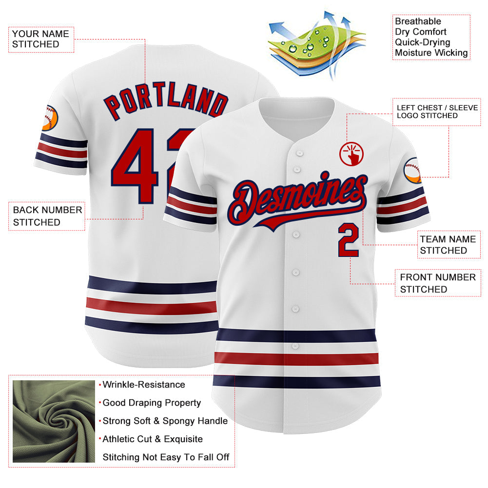 Custom White Red-Navy Line Authentic Baseball Jersey view 3