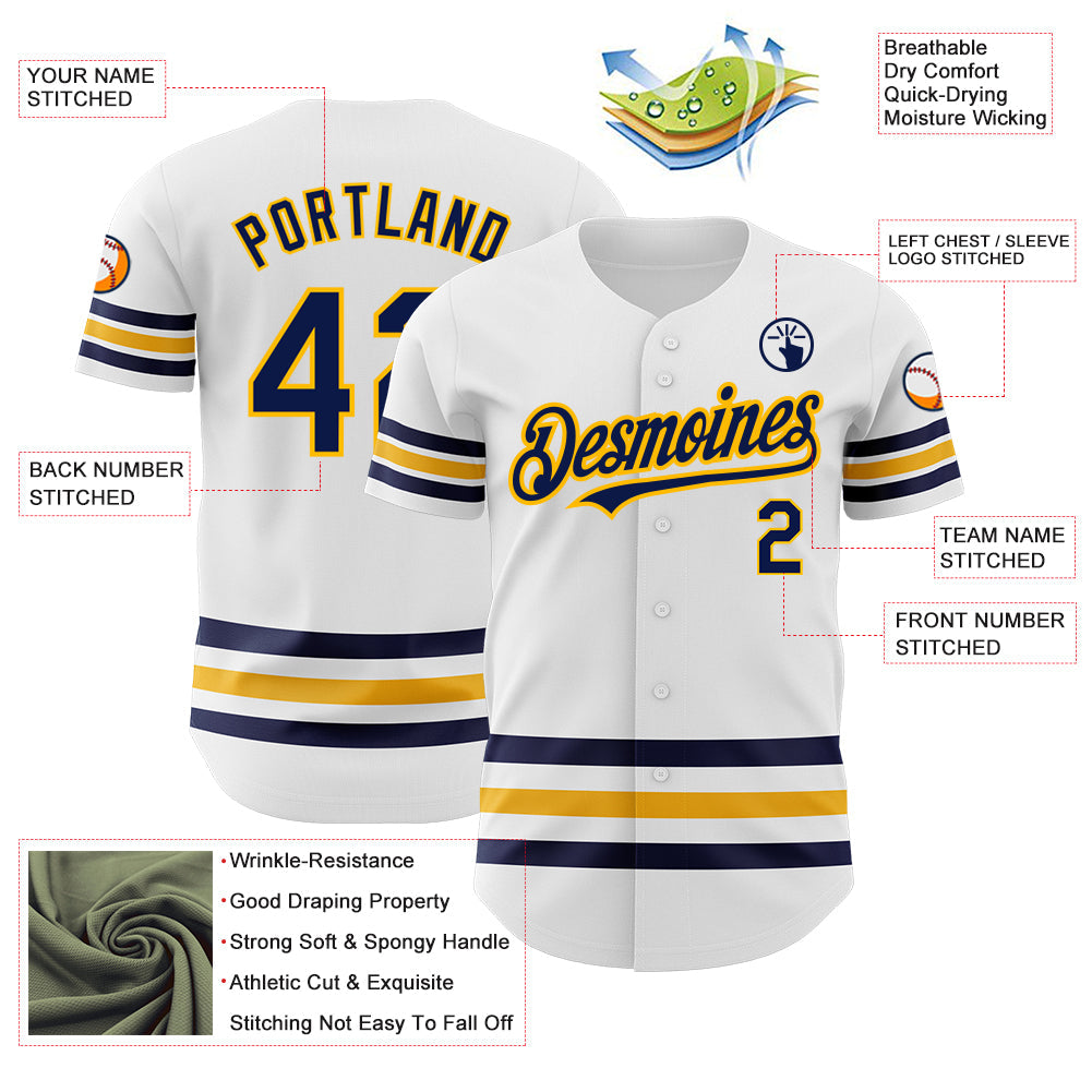 Custom White Navy-Gold Line Authentic Baseball Jersey view 3