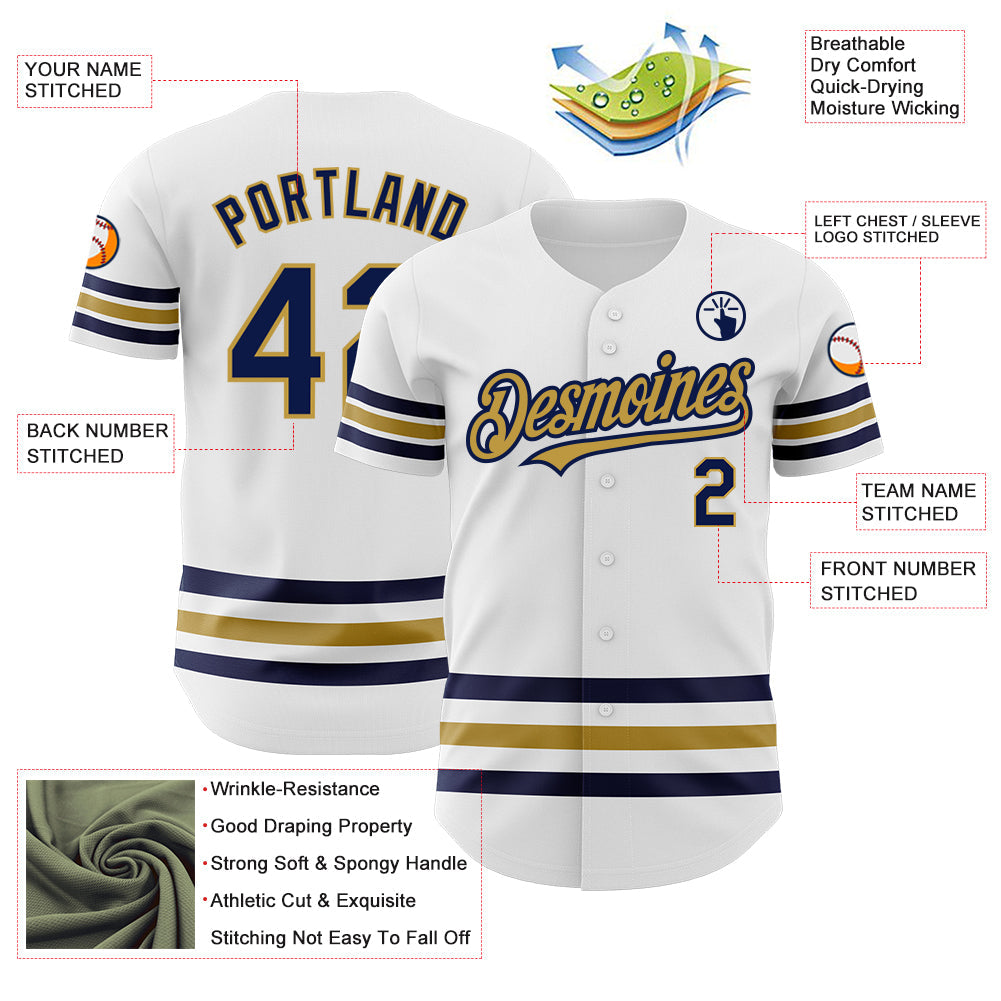 Custom White Navy-Old Gold Line Authentic Baseball Jersey view 3