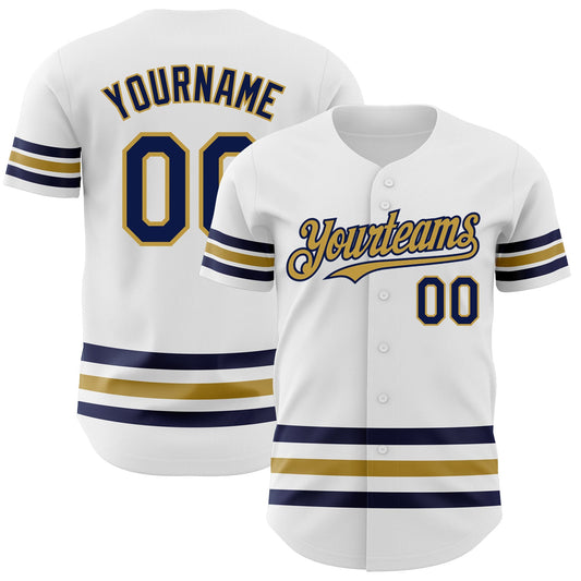 Custom White Navy-Old Gold Line Authentic Baseball Jersey - Main View