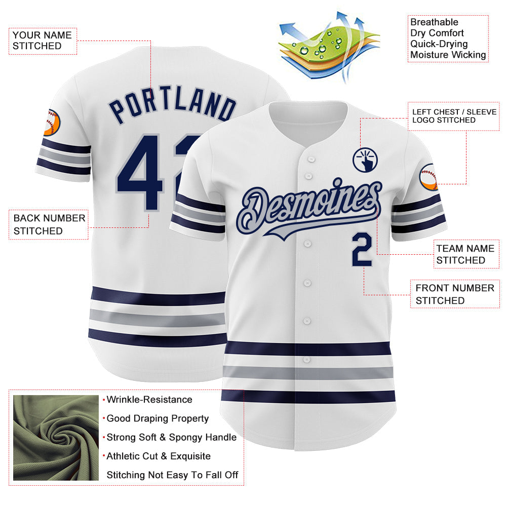Custom White Navy-Gray Line Authentic Baseball Jersey view 3