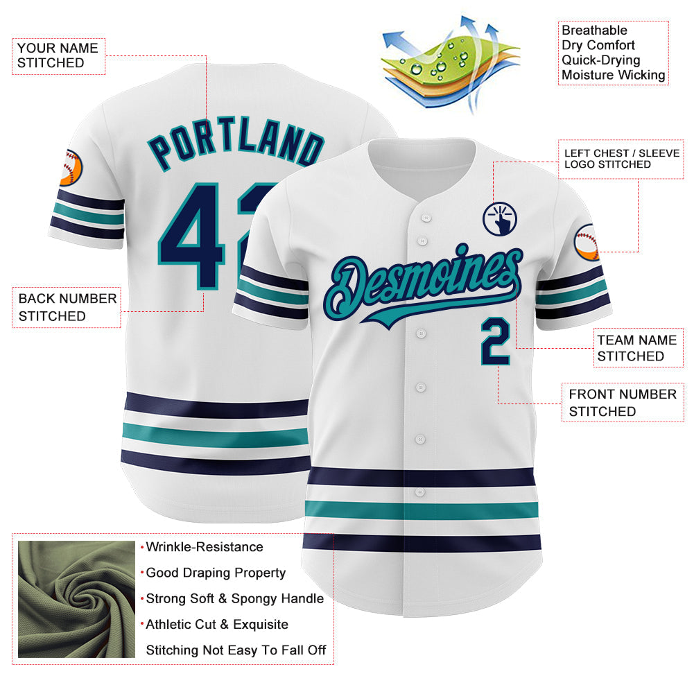 Custom White Navy-Teal Line Authentic Baseball Jersey view 3