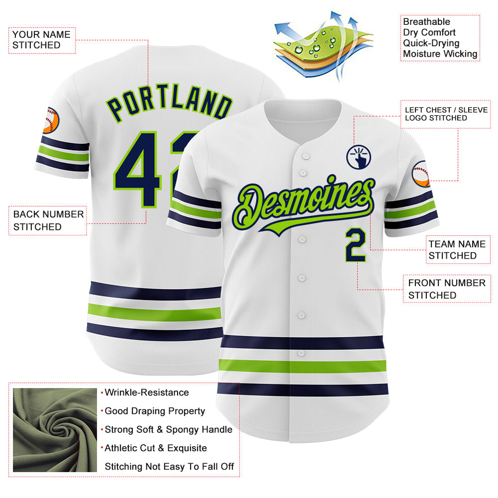 Custom White Navy-Neon Green Line Authentic Baseball Jersey view 3
