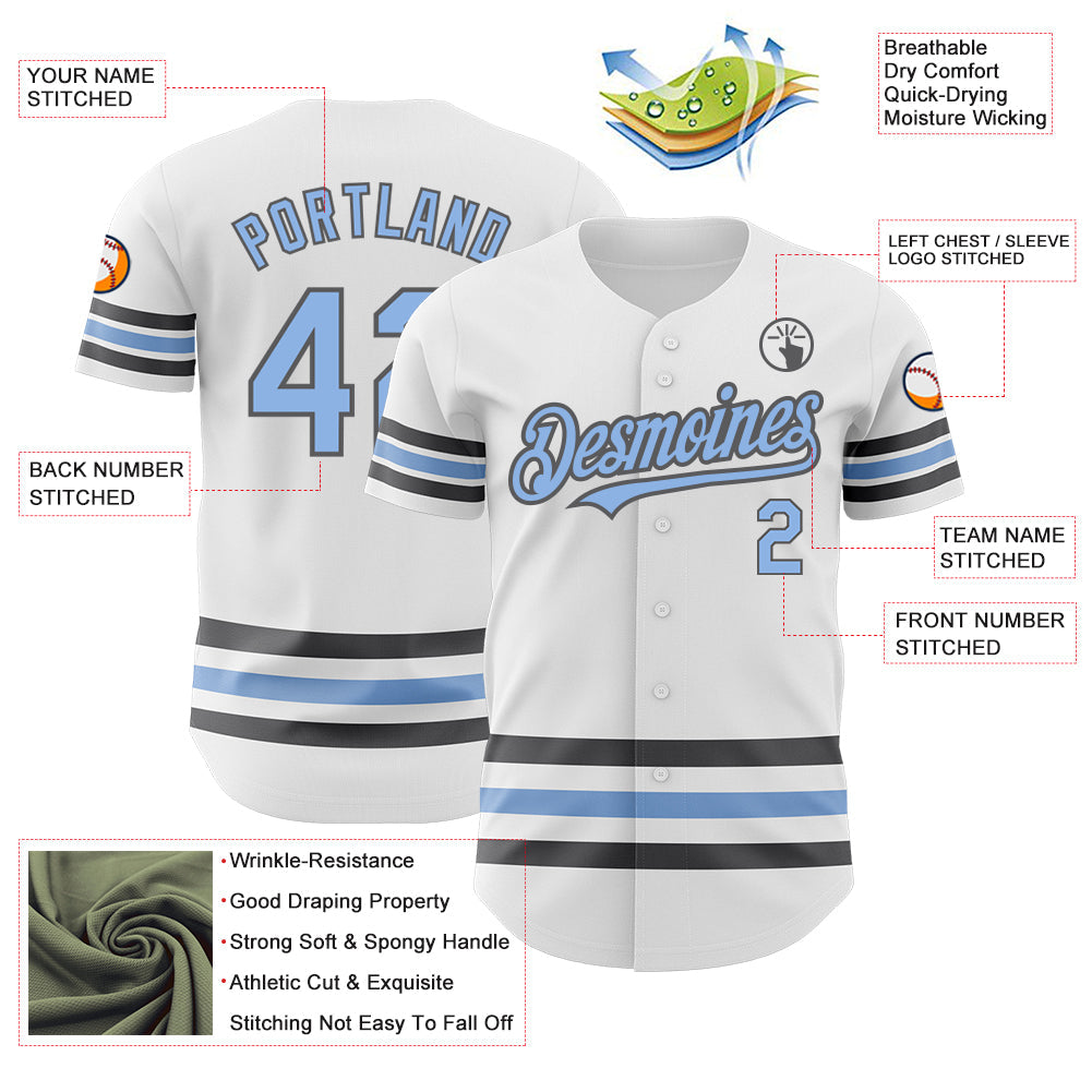 Custom White Light Blue-Steel Gray Line Authentic Baseball Jersey view 3