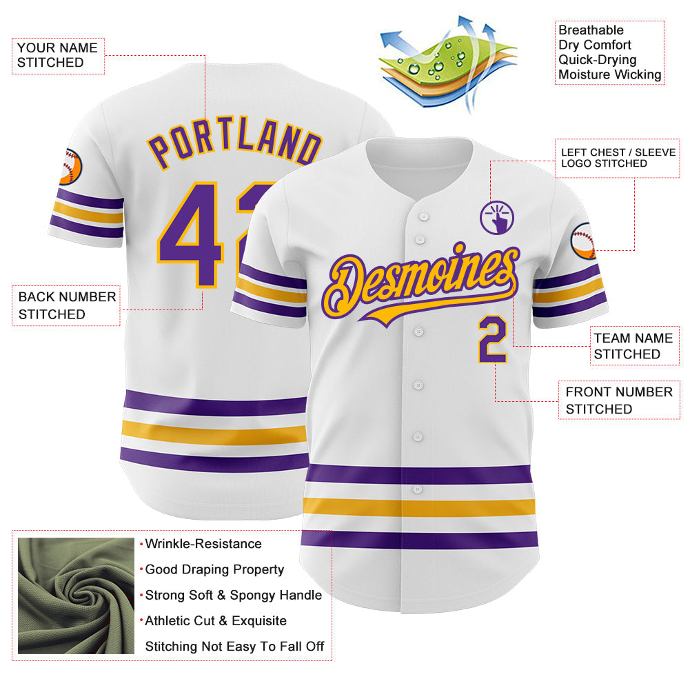 Custom White Purple-Gold Line Authentic Baseball Jersey view 3