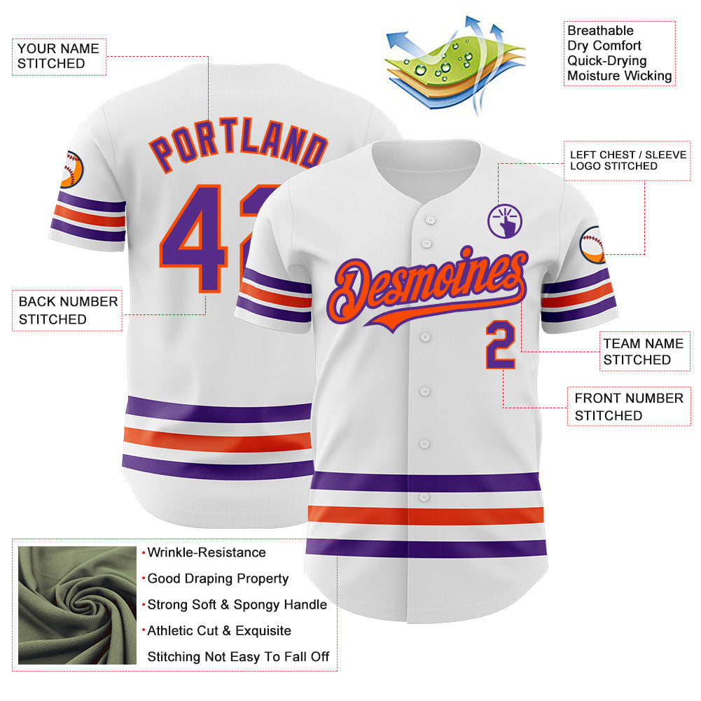 Custom White Purple-Orange Line Authentic Baseball Jersey view 3