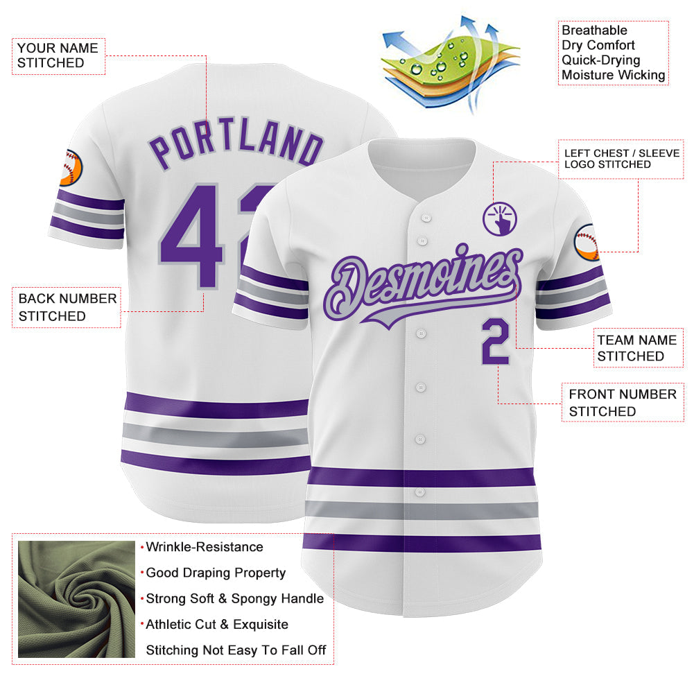 Custom White Purple-Gray Line Authentic Baseball Jersey view 3