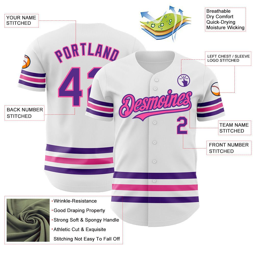 Custom White Purple-Pink Line Authentic Baseball Jersey view 3