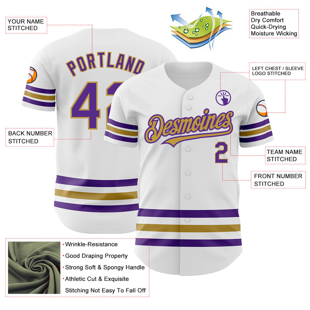 Custom White Purple-Old Gold Line Authentic Baseball Jersey view 3