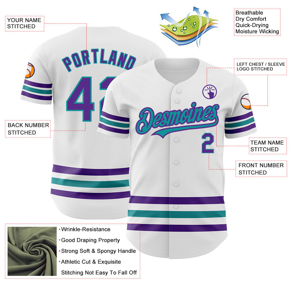 Custom White Purple-Teal Line Authentic Baseball Jersey view 3