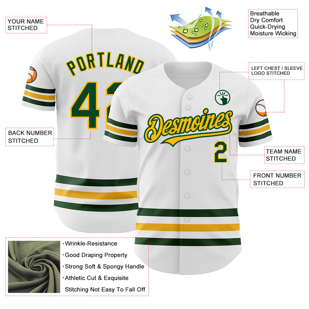 Custom White Green-Gold Line Authentic Baseball Jersey view 3