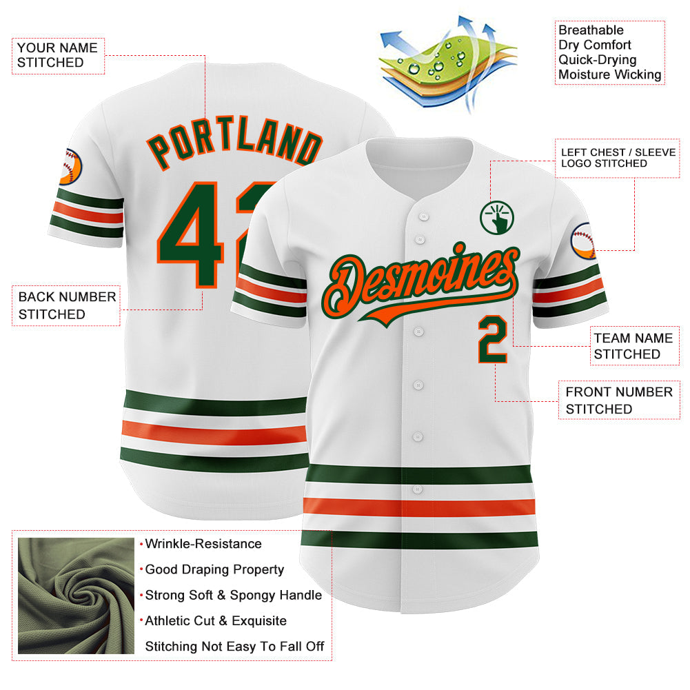 Custom White Green-Orange Line Authentic Baseball Jersey view 3