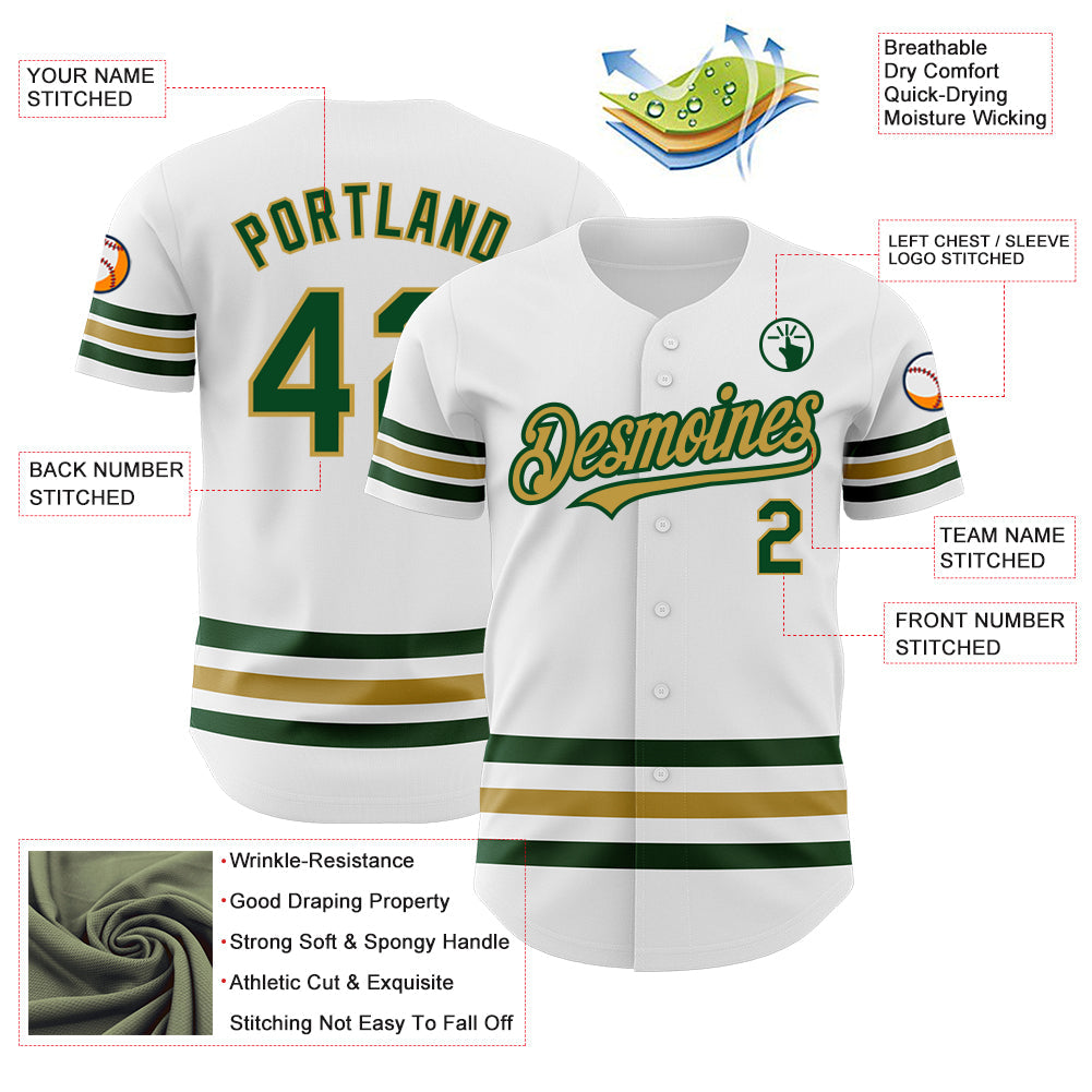 Custom White Green-Old Gold Line Authentic Baseball Jersey view 3