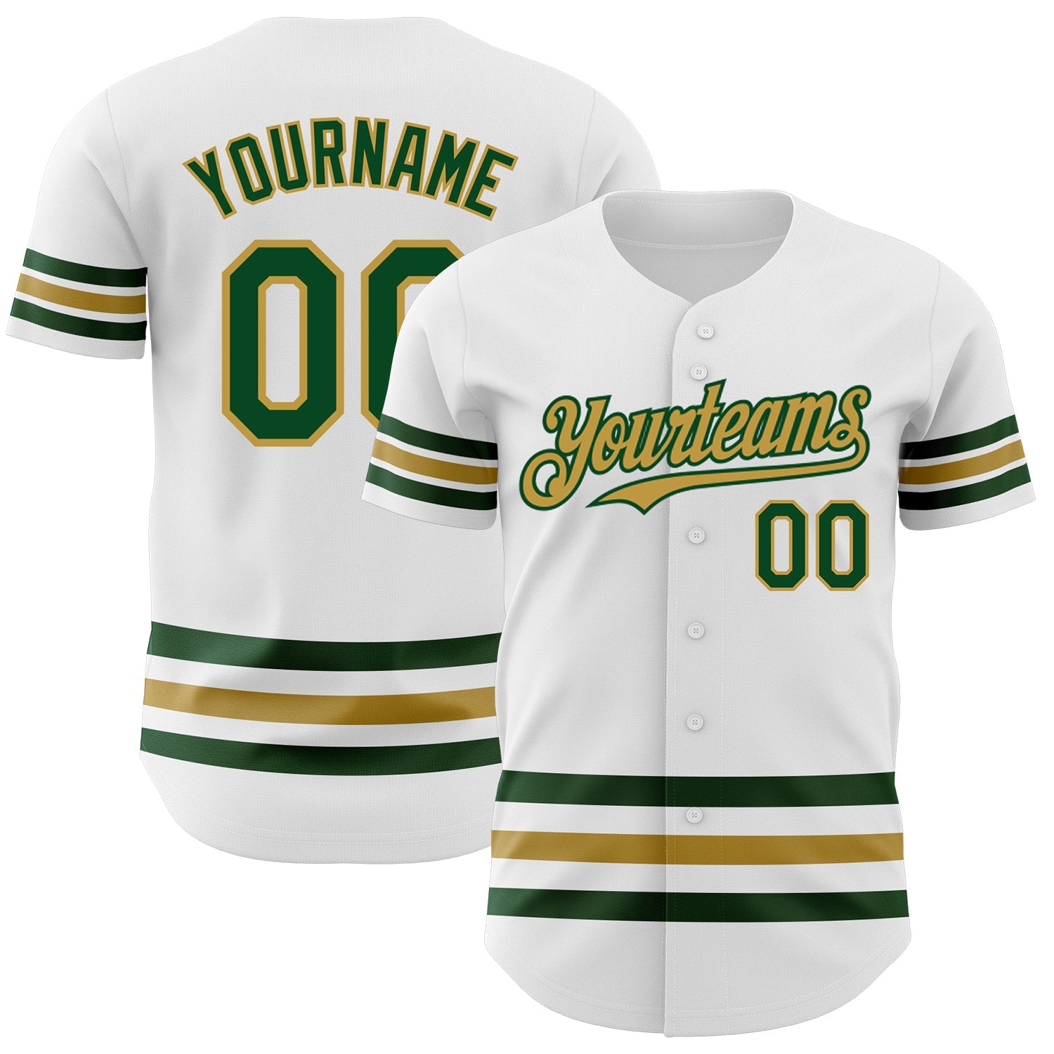 Custom White Green-Old Gold Line Authentic Baseball Jersey - Main View