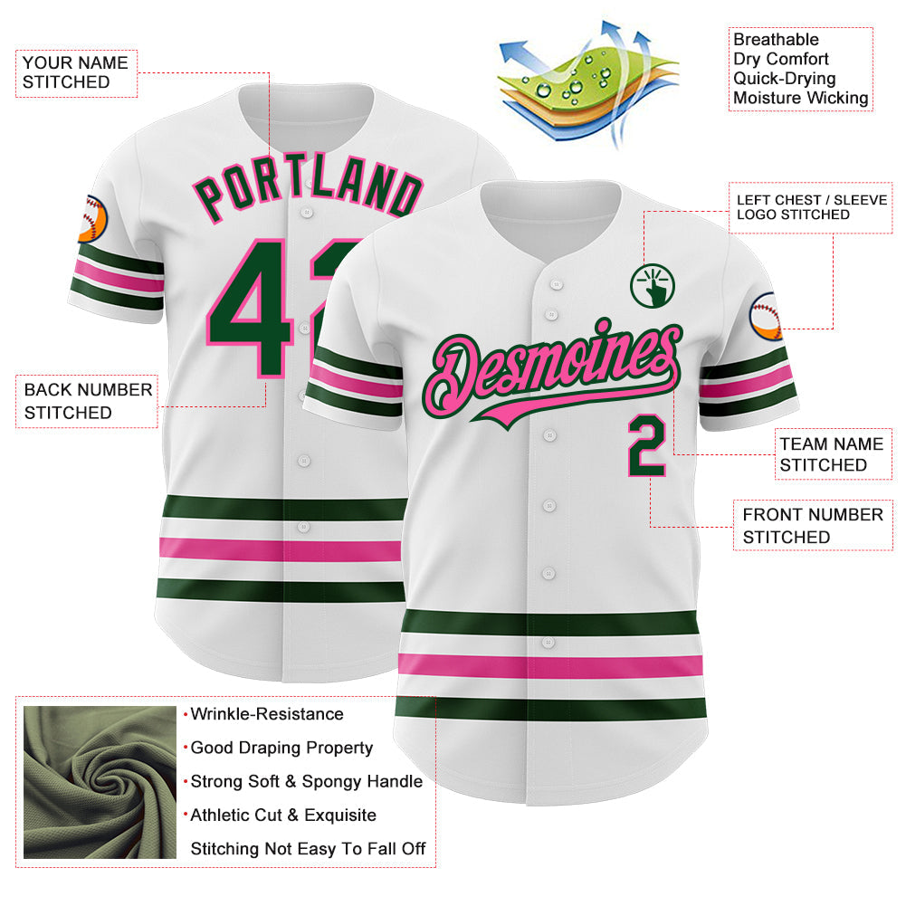 Custom White Green-Pink Line Authentic Baseball Jersey view 3