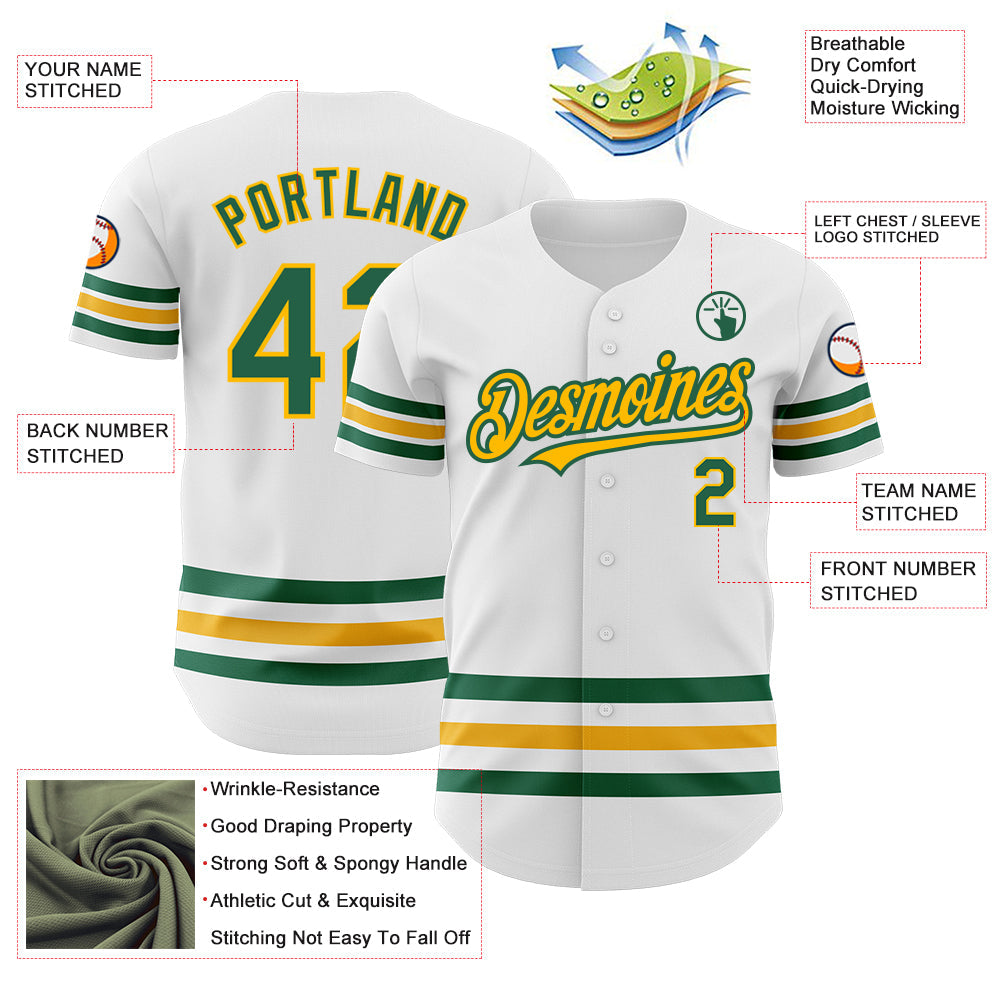 Custom White Kelly Green-Gold Line Authentic Baseball Jersey view 3