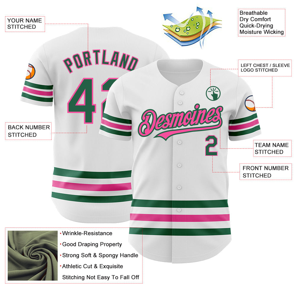 Custom White Kelly Green-Pink Line Authentic Baseball Jersey view 3