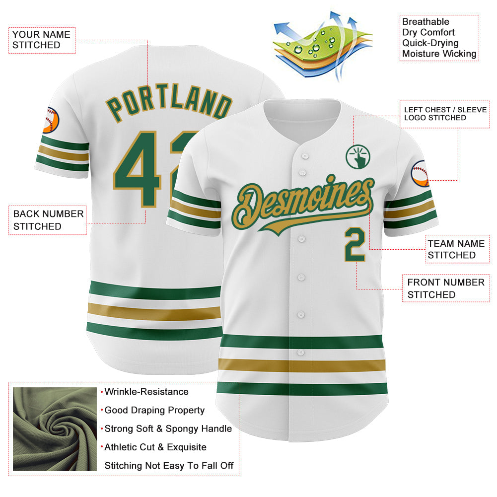 Custom White Kelly Green-Old Gold Line Authentic Baseball Jersey view 3