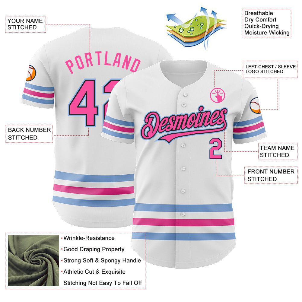 Custom White Pink Black-Light Blue Line Authentic Baseball Jersey view 4