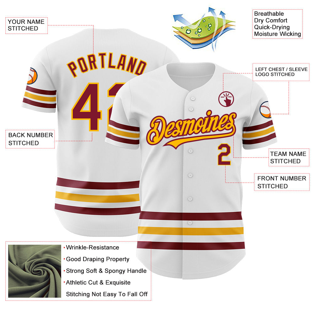 Custom White Crimson-Gold Line Authentic Baseball Jersey view 3
