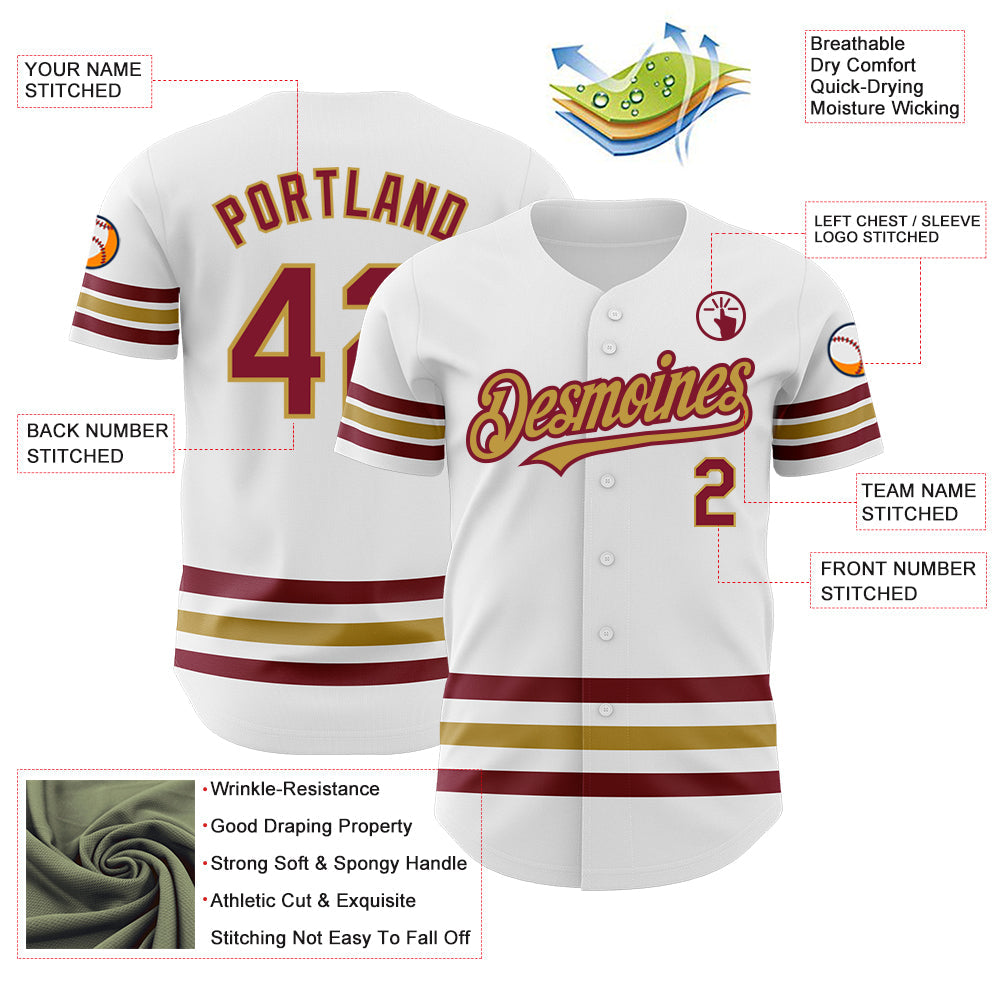 Custom White Crimson-Old Gold Line Authentic Baseball Jersey view 3