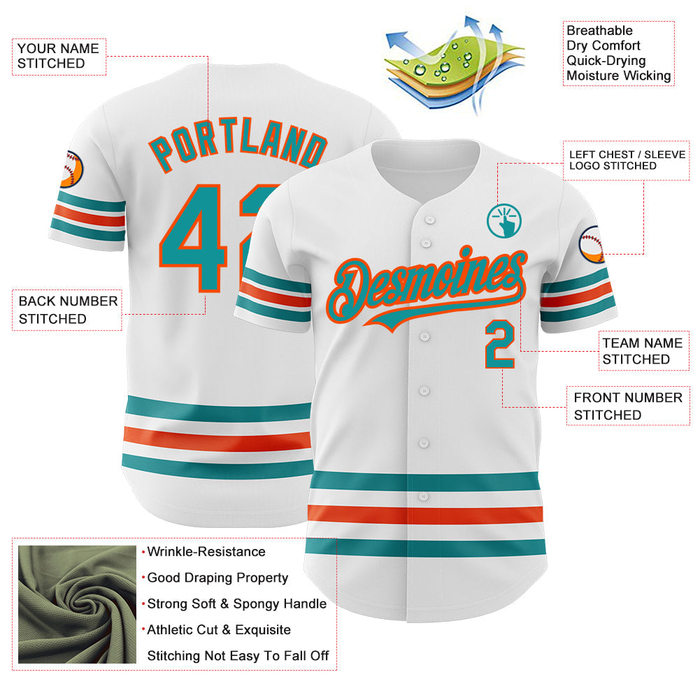 Custom White Teal-Orange Line Authentic Baseball Jersey view 3