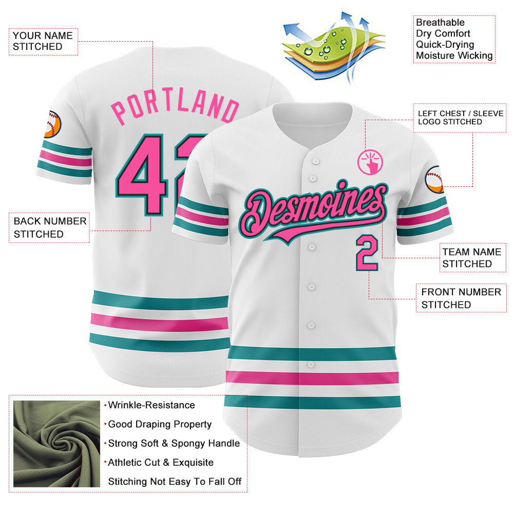 Custom White Pink Black-Teal Line Authentic Baseball Jersey view 3
