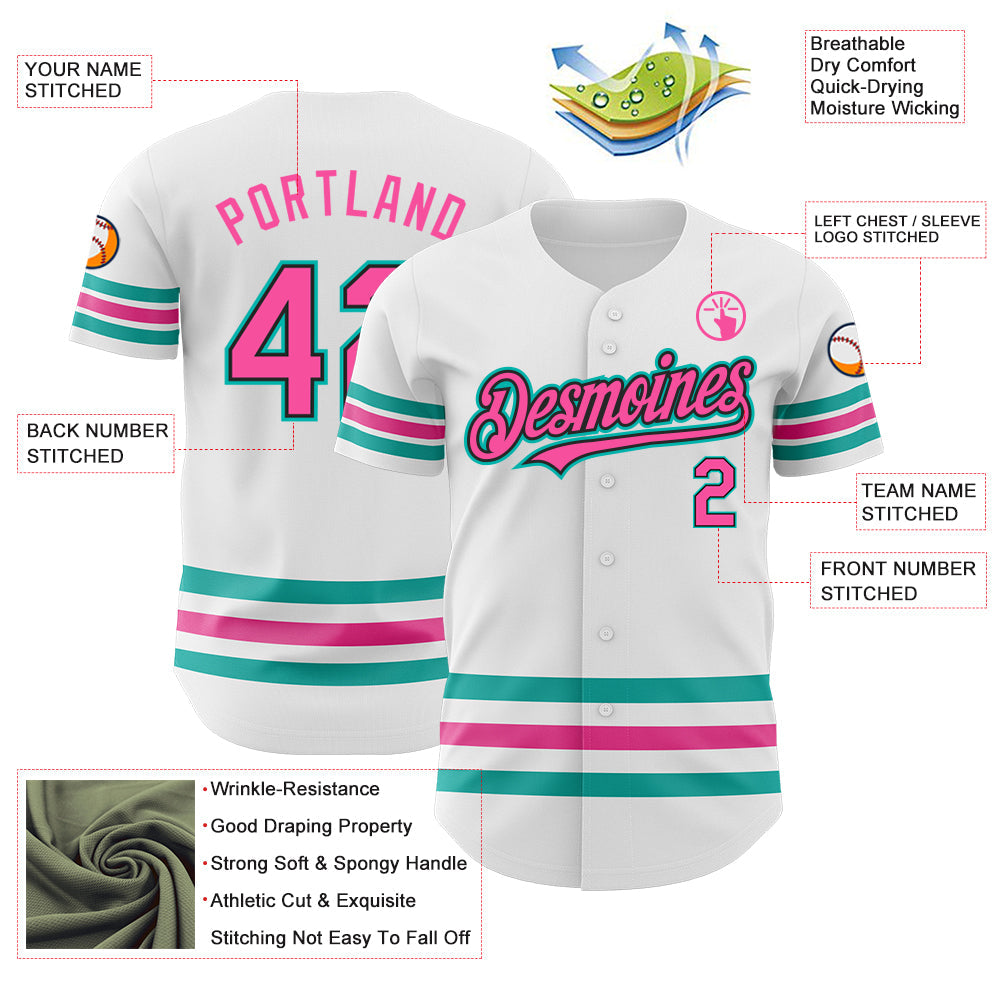 Custom White Pink Black-Aqua Line Authentic Baseball Jersey view 3