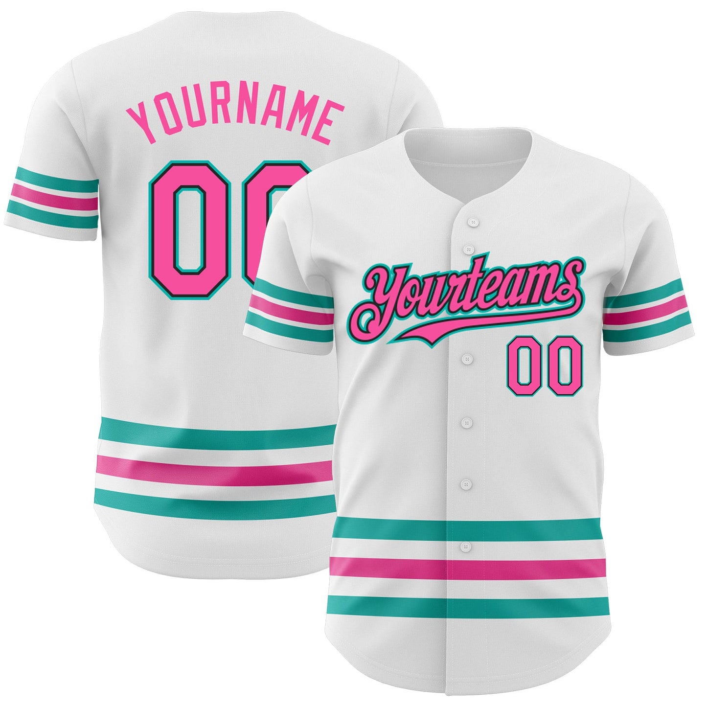 Custom White Pink Black-Aqua Line Authentic Baseball Jersey - Main View